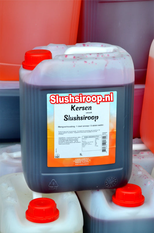 Slushsiroop KERSEN smaak - tank met 5 ltr - Vorselaars - Slushsiroop.nl