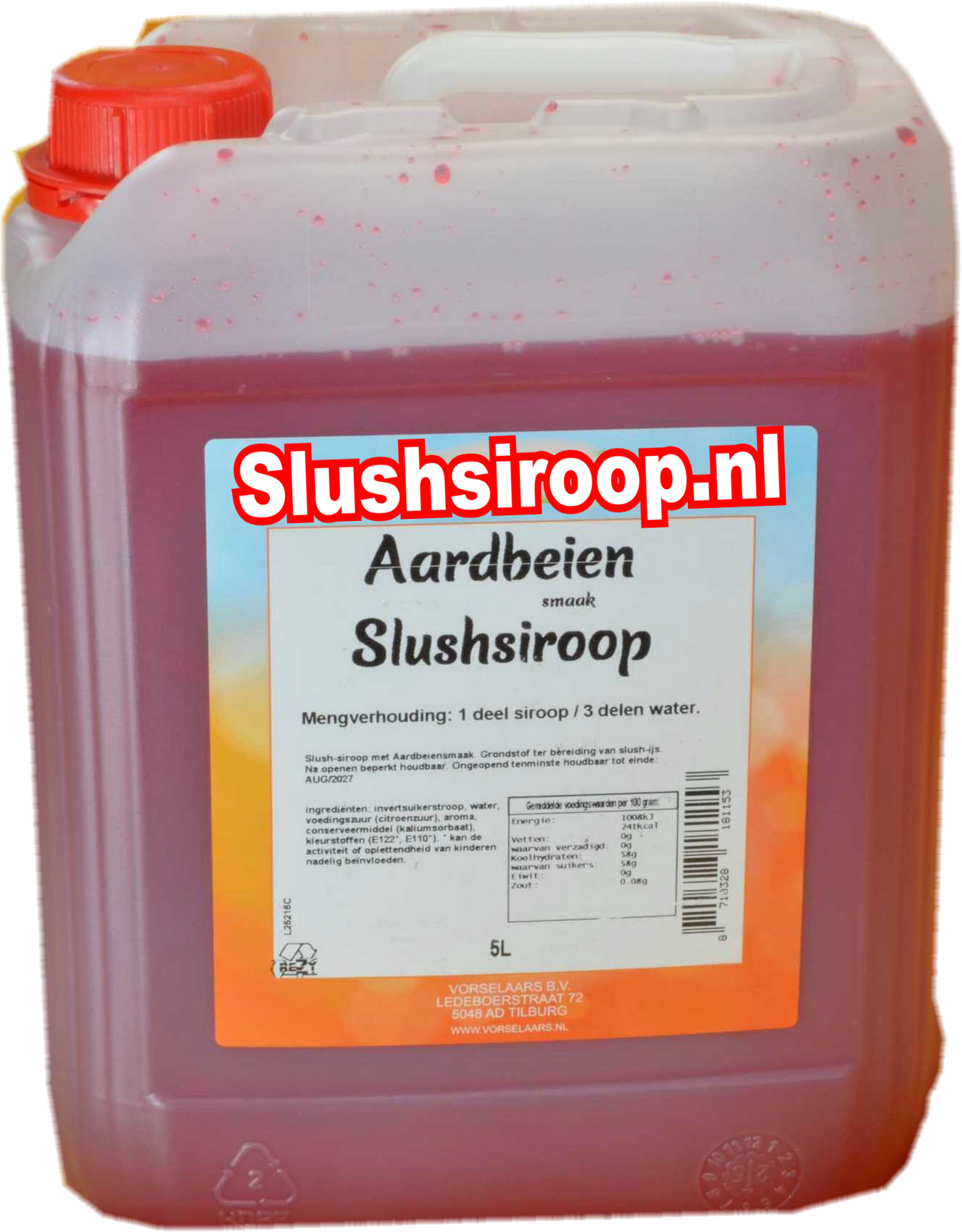 Slushsiroop AARDBEIEN - tank met 5 ltr - Vorselaars - Slushsiroop.nl