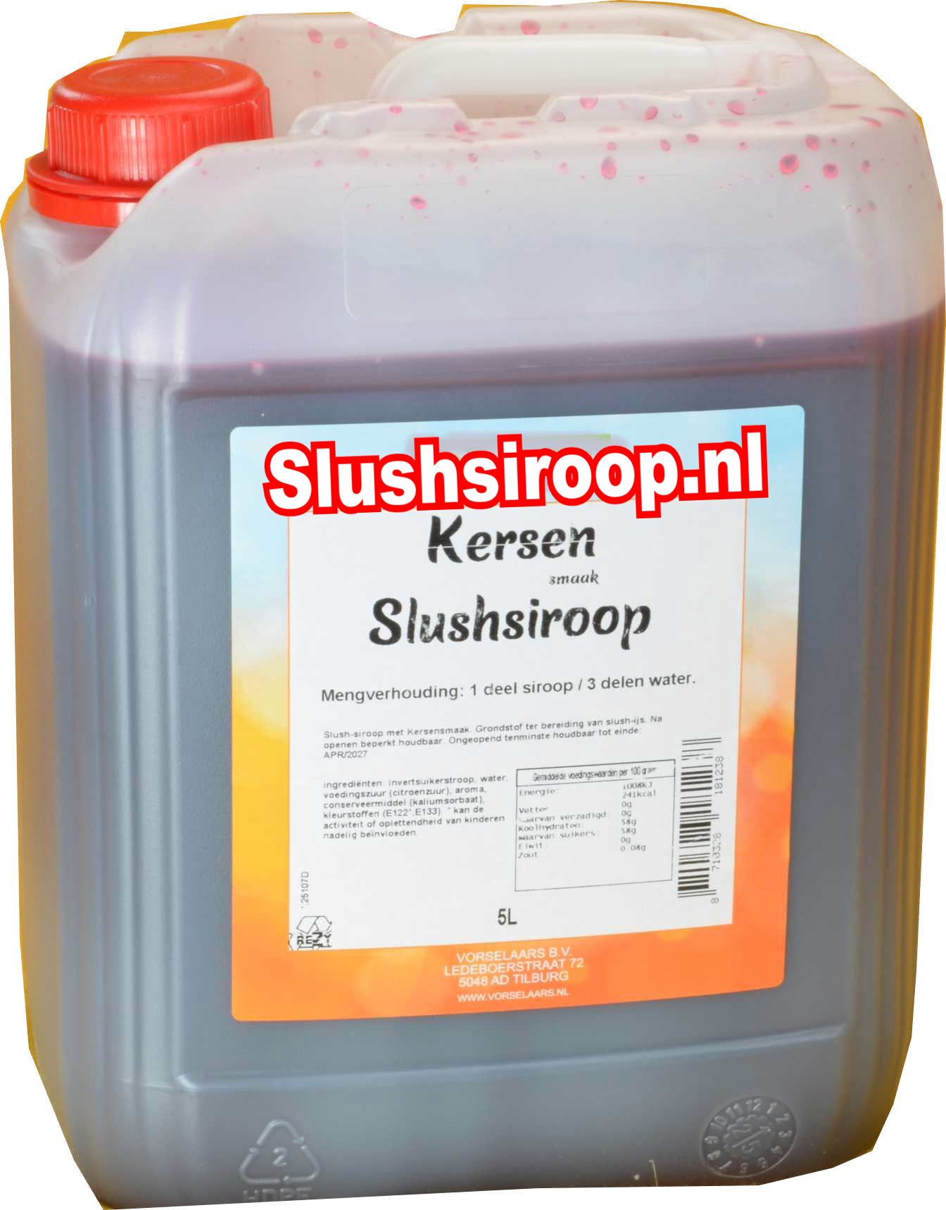 Slushsiroop KERSEN smaak - tank met 5 ltr - Vorselaars - Slushsiroop.nl