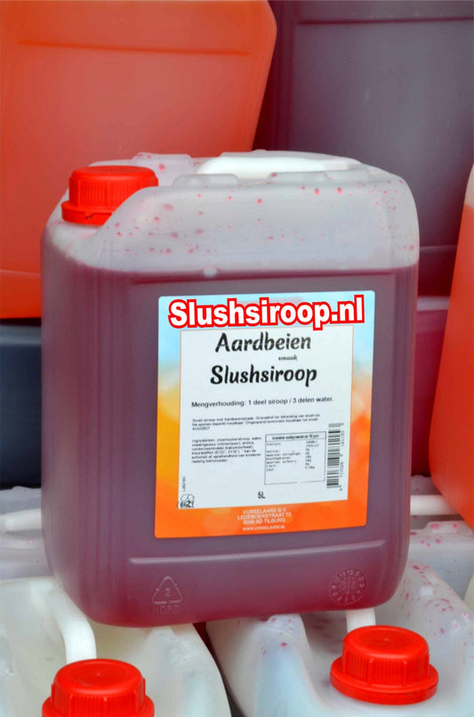 Slushsiroop AARDBEIEN - tank met 5 ltr - Vorselaars - Slushsiroop.nl