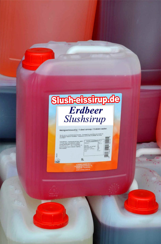D-Slushsiroop AARDBEIEN - tank met 5 ltr - Vorselaars - Slushsiroop.nl  -  De heerlijkste ijsdrank van Nederland